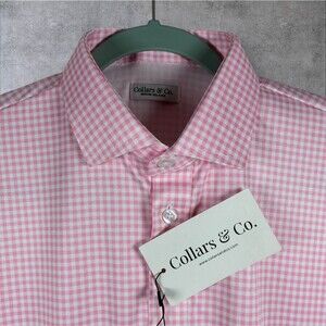 Collars & Co Polo Shirt Mens Medium Relaxed Pink Gingham Plaid Dress Collar Golf